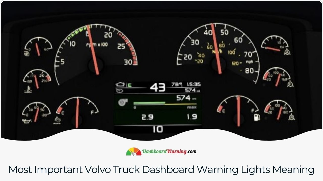 Volvo Truck Dashboard Gauges Meaning - Instrument Cluster Explanation of key warning lights on a Volvo truck's dashboard and what they indicate about the vehicle's condition.